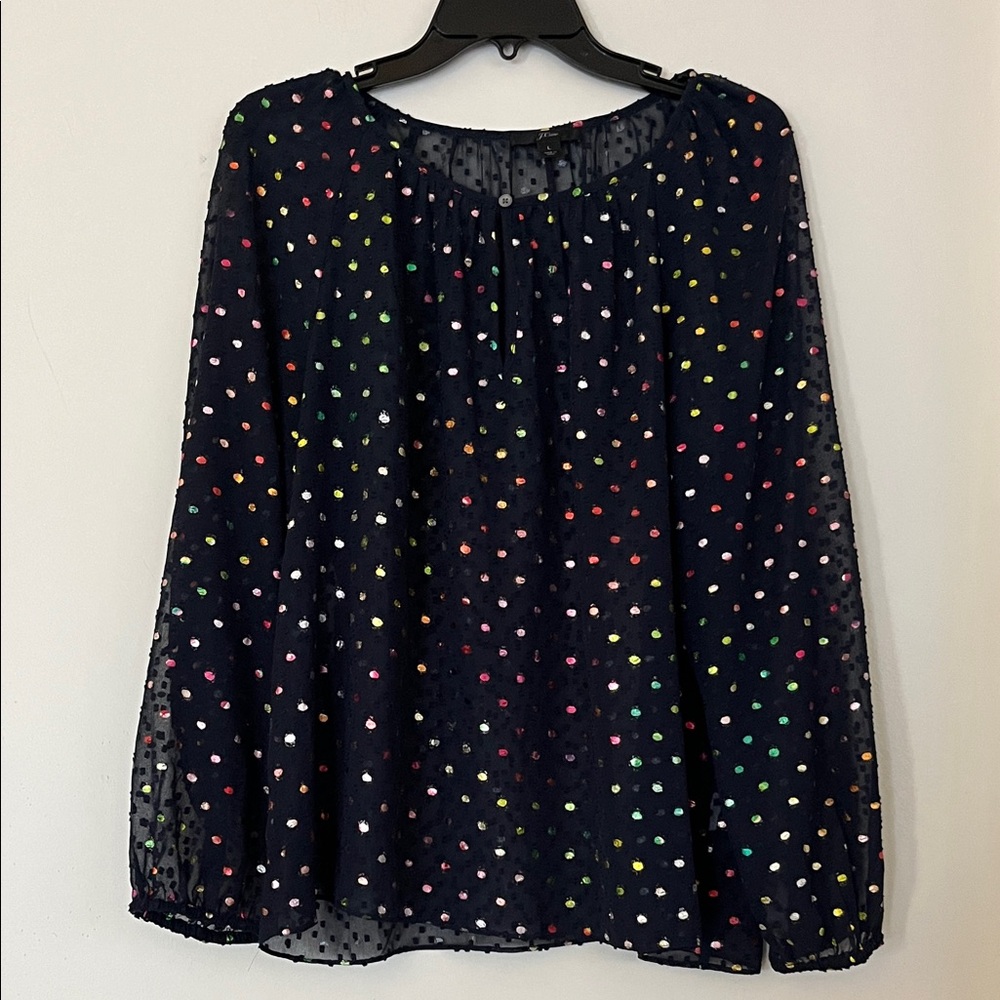 J. Crew Black Blouse with Multicolor Dots – Size L 🖤🌈👚